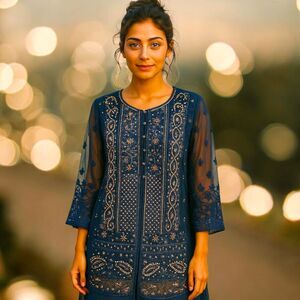 Zoon Collection Navy Embroidered Tunic Dress – Gold Sequin Overlay, Sheer Lace M